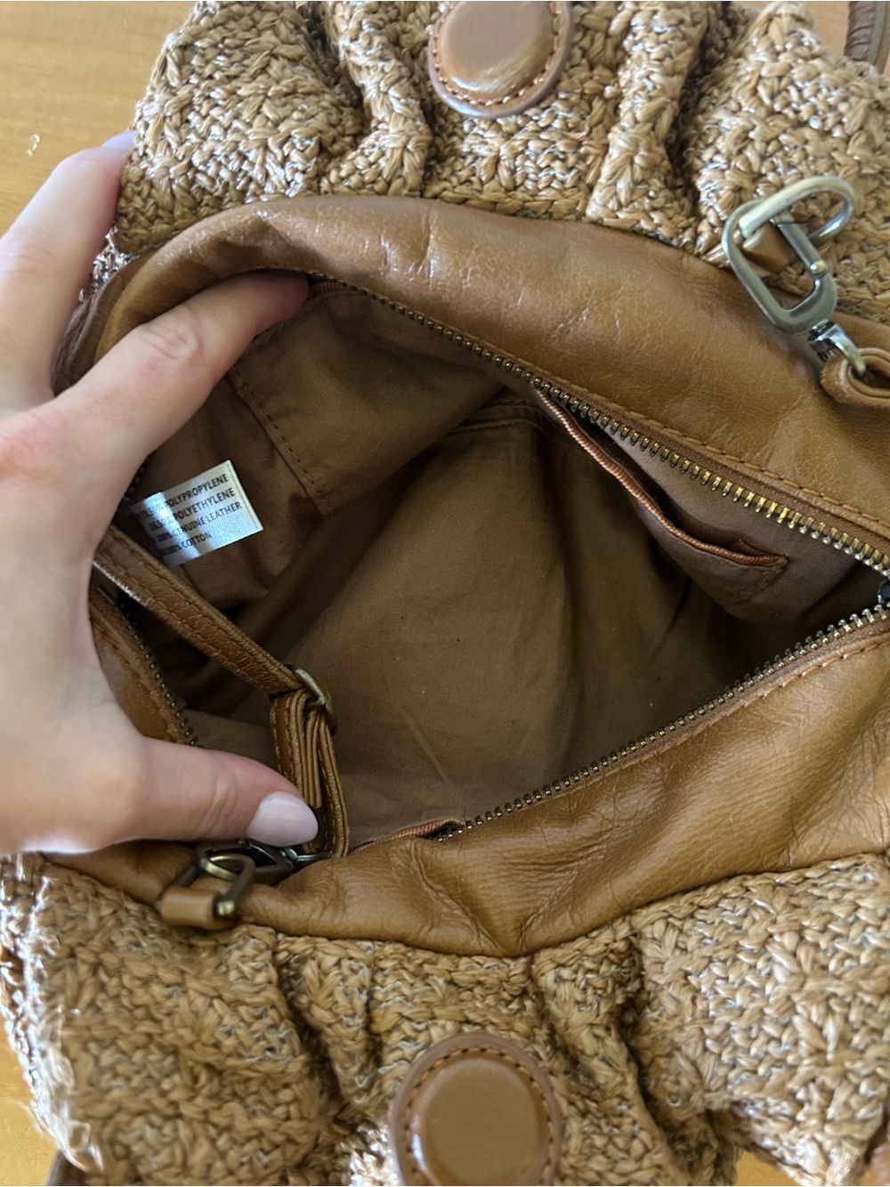 Hobo Darling Small Satchel Leather Straw Top Handle Purse Crossbody Tan Bag - Picture 6 of 10
